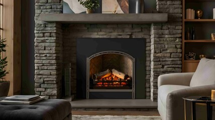 Modern Minimalist Fireplace with Elegant Flames in a Cozy Interior - .Generated AI.