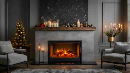 Modern Minimalist Fireplace with Elegant Flames in a Cozy Interior - .Generated AI.