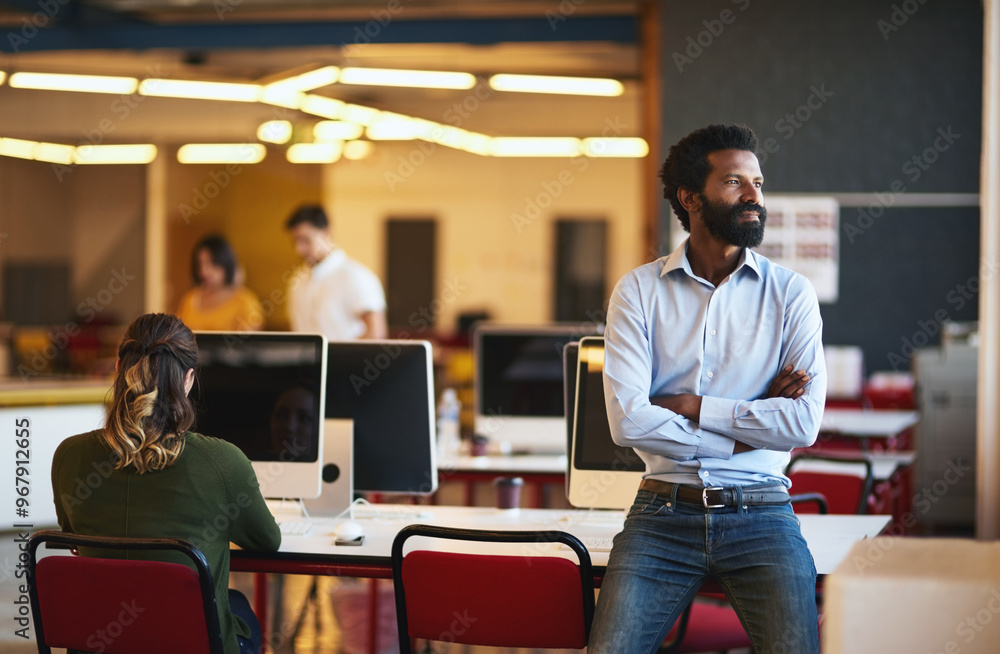 Poster thinking, office and business black man with crossed arms with idea, solution and insight for compan