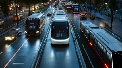 Fototapeta premium Futuristic Autonomous Buses Navigating a City Street at Night