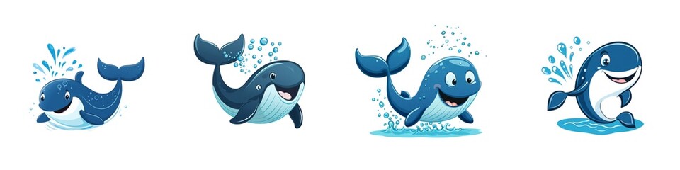 Playful cartoon whale illustrated in various joyful poses, splashing water and showcasing a cheerful personality. On white background.