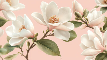 Fototapeta premium Floral Magnolias Seamless Pattern with Delicate White Petals and Green Leaves for Elegant Wallpaper