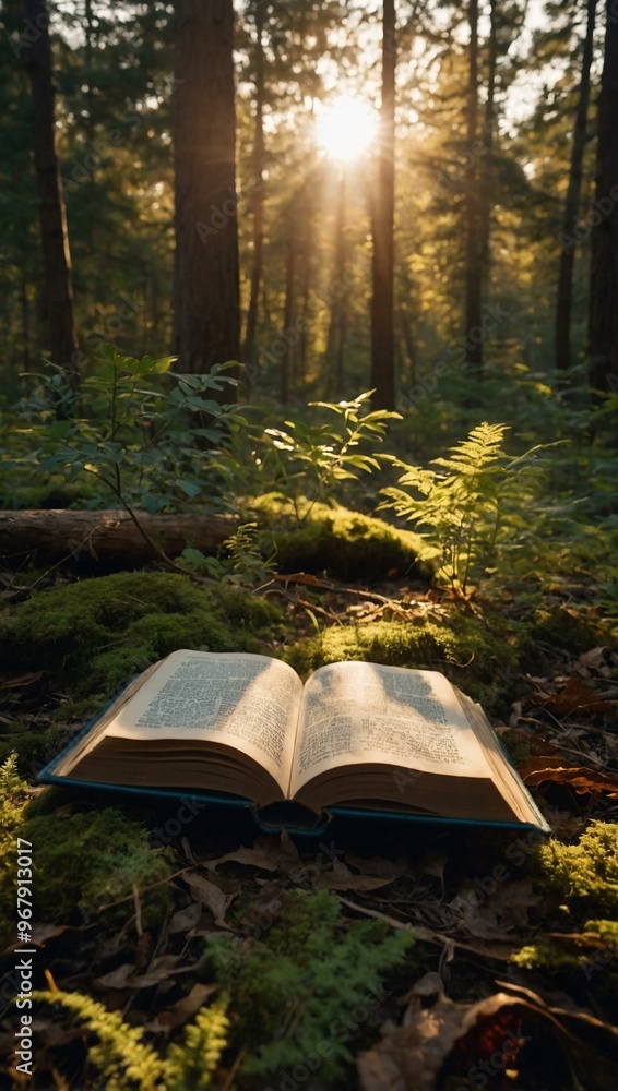 Poster open book resting on the forest floor with warm sunlight filtering through trees.