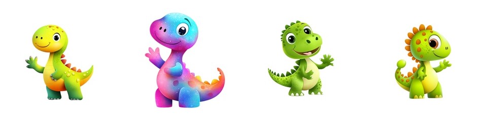 Fototapeta premium Cute cartoon dinosaurs in various colors, perfect for children's illustrations, educational materials, or playful designs. On white background.