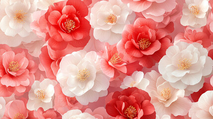 Floral Seamless Camellias Pattern with Elegant Red and White Blooms for Art Prints