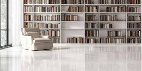 modern interior design cream reading room with luxury wall bookshelf and beautiful elegant floor 