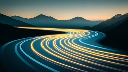 Illuminated mountain road at dusk with light trails