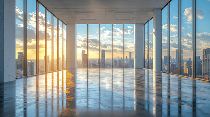 Fototapeta premium Empty office space with large windows overlooking a city skyline at sunset.