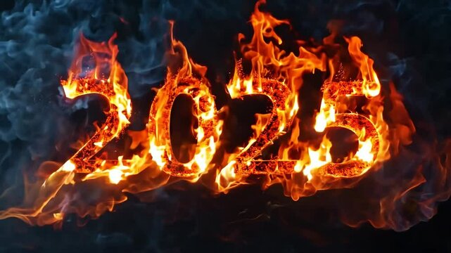 Fiery 2025 text in flames on a dark smoky background. Perfect for new year, futuristic themes, or burning passion concepts.
