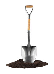 One camping shovel and soil isolated on white. Hand tool