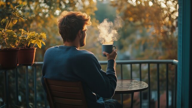 A man enjoys a warm drink on a balcony surrounded by autumn foliage during a golden sunset