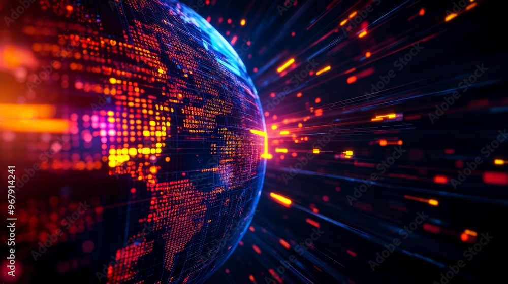 Poster visual representation of global data exchange and digital communication with a vibrant, futuristic p