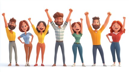 Obraz premium 3d cartoon character cutout illustration of office workers celebrating their success by raising their hands
