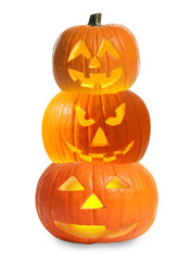 Stack of pumpkins with carved spooky faces on white background. Halloween jack-o-lanterns of different sizes