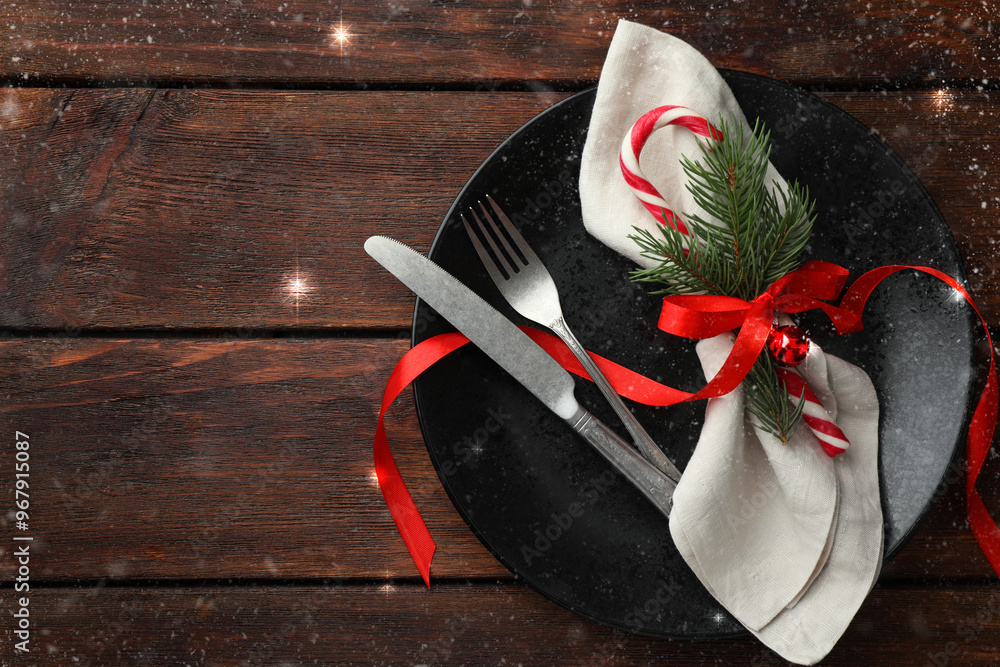 Canvas Prints christmas setting with festive decor on wooden table, top view. space for text. bokeh effect