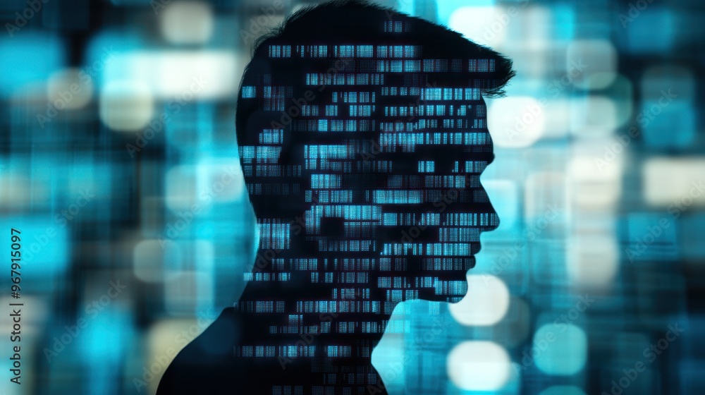 Poster digital identity: a silhouette of a person composed of binary code
