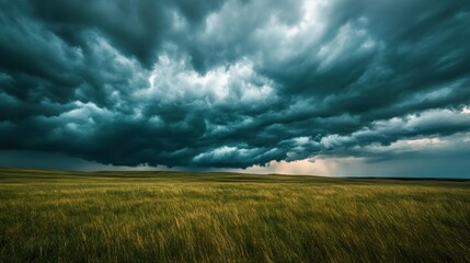 A dramatic sky filled with dark clouds over a grassy landscape, suggesting an impending storm.