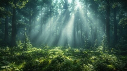 Serene forest with sunlight filtering through tall trees.