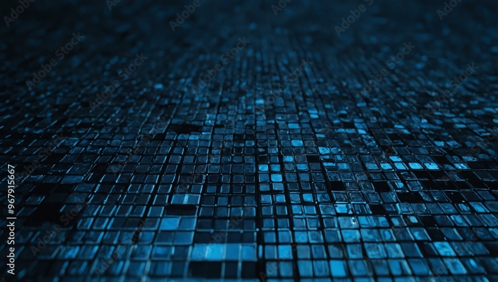 Poster pixelated blue background in a digital grid pattern.