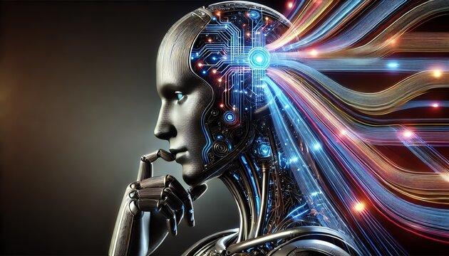 A futuristic of a humanoid robot, deep in thought