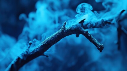 A close-up of a branch enveloped in mysterious blue smoke, creating an enchanting and surreal atmosphere.