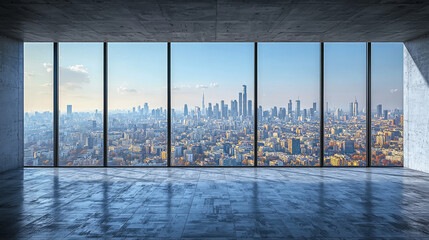 Fototapeta premium Empty room with a view of the city skyline.