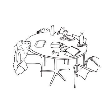 Esquisse d'une table et de chaises en d&eacute;sordre avec effets personnels, bouteille, livres, stylo, bo&icirc;te, documents. Dessin &agrave; la main &agrave; l'encre noir, minimaliste.