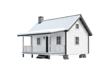 Single white cabin, full body, isolated with a white background, stock photograph, ultra fine detailing, high resolution, pristine freeze frame effect, minimalistic design, monochromatic theme