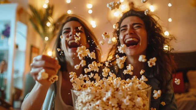 Two friends throwing popcorn at each other during a movie night, laughing as they try to catch it with their mouths.