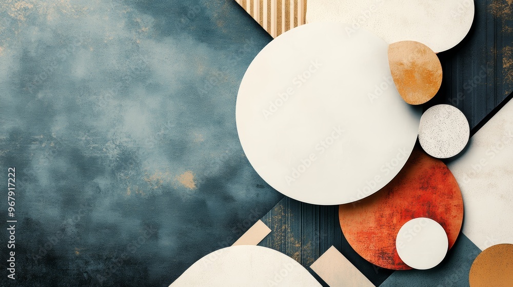 Poster a modern abstract composition featuring geometric shapes in varied colors and textures against a tex
