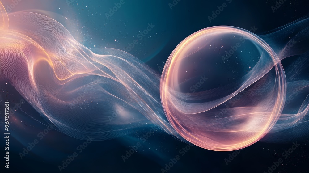 Poster a mesmerizing abstract design featuring a glowing sphere surrounded by flowing waves of light and co