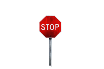 Stock photograph featuring a stop sign centered, full body visible against a stark white background, strong contrast, highly detailed textures of sign material