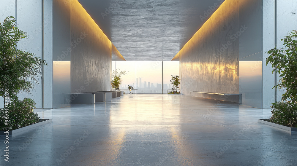 Wall mural Modern lobby with a city view.