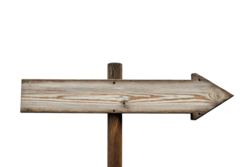 Stock photograph, single empty wooden signpost, center-aligned, isolated, floating against a pure white background, showcasing full-body perspective, natural wood grain texture, high resolution