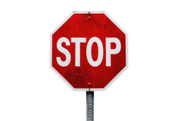 Stock photograph featuring a stop sign centered, full body visible against a stark white background, strong contrast, highly detailed textures of sign material