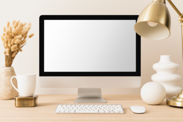 Transparent computer screen png mockup, aesthetic workspace design, clean decoration