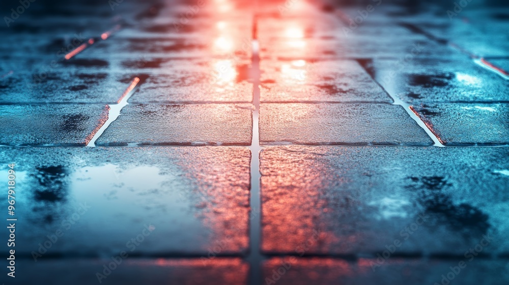 Poster a close-up view of wet pavement illuminated by colorful lights, showcasing reflections and textures 
