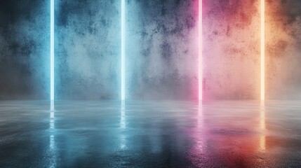 A captivating scene featuring illuminated neon beams against a misty background, perfect for futuristic and abstract themes.