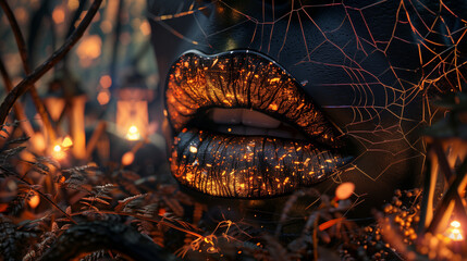 A set of gothic spider-webbed lips, metallic black lipstick with shiny orange web pattern. The background is a dark forest lit by glowing lanterns, with creepy spiders crawling over delicate cobwebs. 