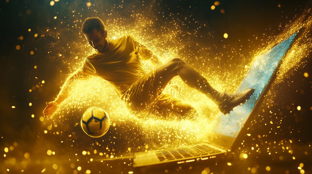 Virtual Victory: Football Player Kicks Through Laptop in a Thrilling Online Sports Gambling Experience