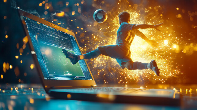 Virtual Victory: Football Player Kicks Through Laptop in a Thrilling Online Sports Gambling Experience