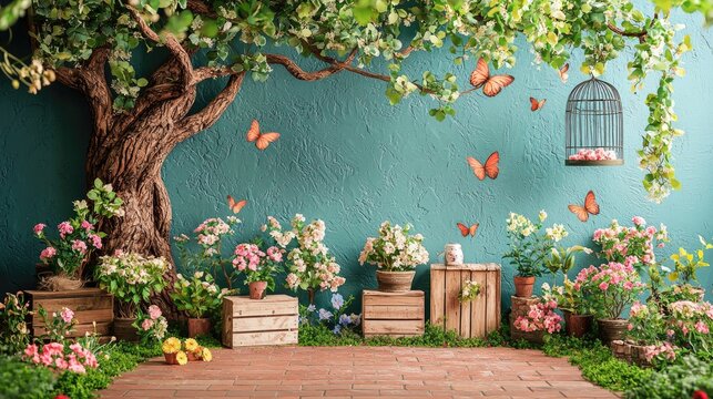 An adorable forest-themed background for children's photography, featuring wooden boxes, tree branches and wood on the ground, flowers 