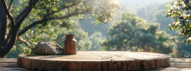 A wooden table with a vase and a rock on it