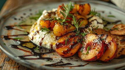 An inviting plate featuring fluffy whipped ricotta, topped with succulent roasted peaches and served with crunchy pita slices. Artistically drizzled with balsamic reduction and garnished with vibrant 