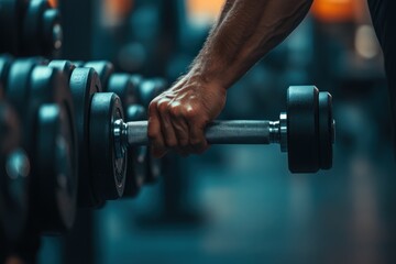 Fototapeta premium Close-up of a Hand Lifting a Dumbbell in a Gym