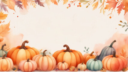 Naklejka premium Fall season frame background with cute white pumpkins, fall leaves and berries.