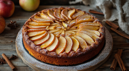 Homemade gourmet apple pie baked sweet traditional dessert with cinnamon and apples on rustic background. Celebration holiday delicious tart