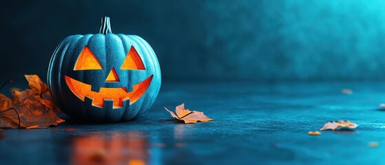 A vibrant blue Halloween pumpkin with a spooky face, surrounded by fallen leaves in a mystical atmosphere.