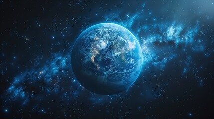 Blue Space Background with Earth in the Distance, Featuring Dark Blue Tones, Luminous Scenes, and Realistic Lighting for Stock Photography