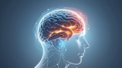 The human brain is depicted in blue, emphasizing its complex anatomy and functions in a striking visual representation.
